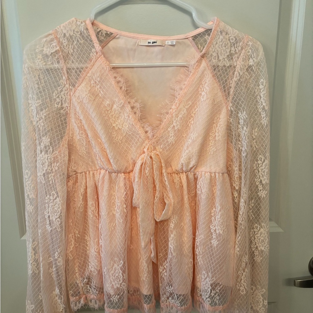 NWT Francesca's pink sheer lace babydoll long sleeve top fairy core size S